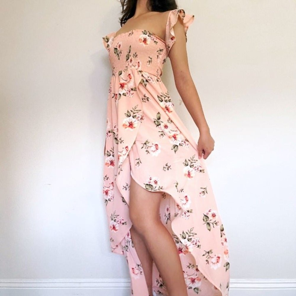 Pink Floral Off The Shoulder Maxi Dress
